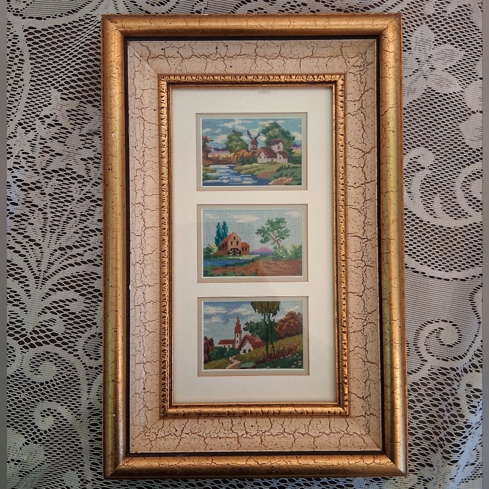 Petit Point 3 Country Scenes -  Wall Art - Framed, Matted And Under Glass 3591